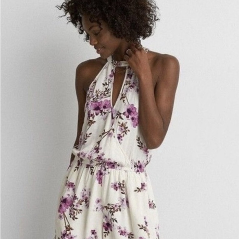 American Eagle Halter Top. Ivory and Purple Floral Romper